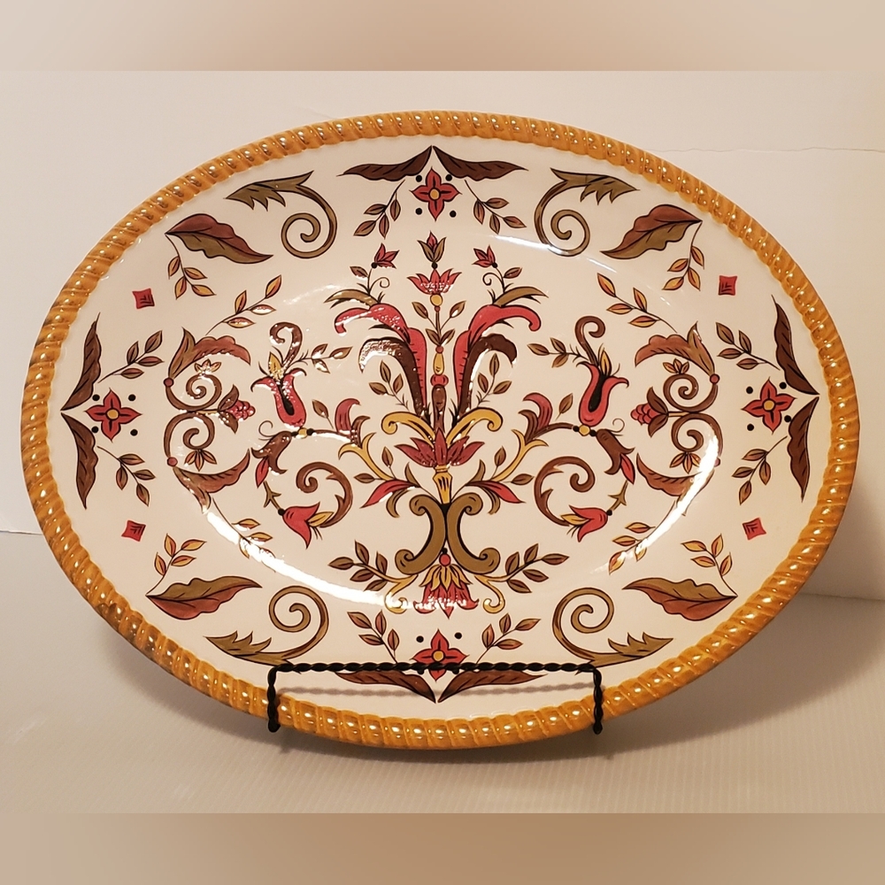 Pier 1 Earthenware ORALIA Oval Platter Plate Scroll Flower Emboss Rope Edge 15"